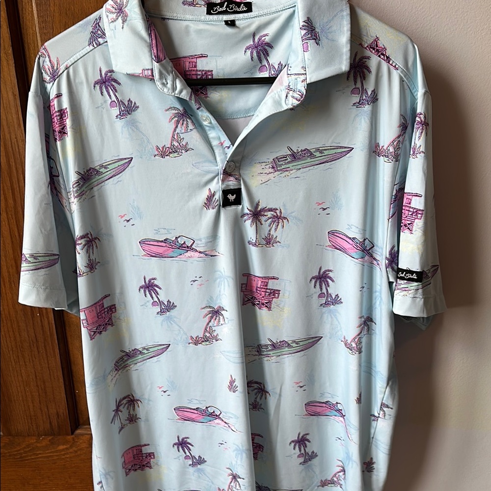 Bad Birdie Blue and Pink Polo Shirt Tropical Print